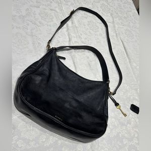 Vintage Fossil Hobo Black Leather Handbag Shoulder Purse w Key Charm & Dustbag